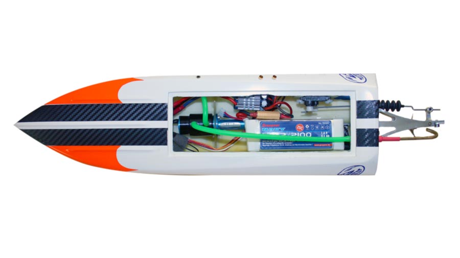 MHZ Powerboats Mamba Mono Rennboot -Modell in weiß/orange Innenausbau zu sehen Alle Elektronikkomponenten  wie Motor, Fahrtenregler, Akku, Empfänger und Servo sowie die verbauten Antriebsteile wie Wellen und Halter 