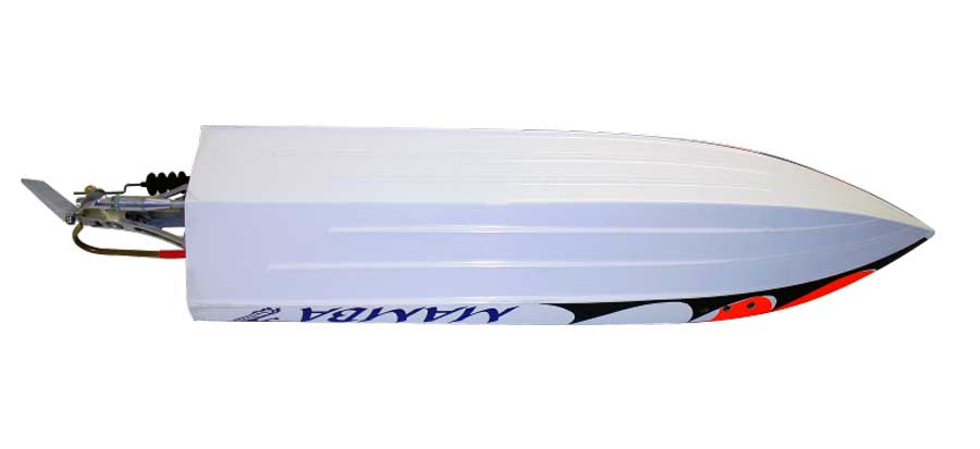 MHZ Powerboats Mamba Mono Rennboot -Modell in weiß/orange von unten zu sehen der Rumpf ohne Stufen mit langen Stringern 