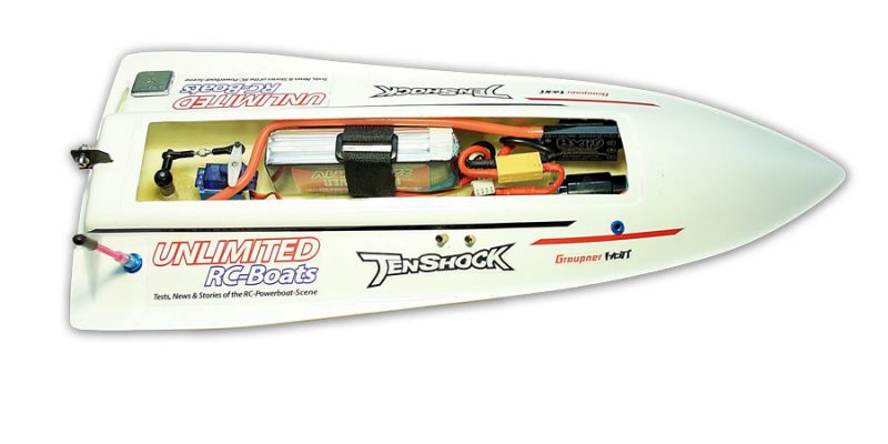 Bild des Tenshock MiniEco RC-Rennbootes mit geöffnetem Deck und Blick auf die eingebauten Komponenten
